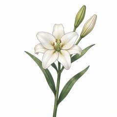 Fototapeta premium White Lily Flower Illustration with Green Stem and Leaves, Isolated on White