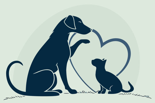 Dog and cat with heart shape representing animal love and companionship, pets forming bond