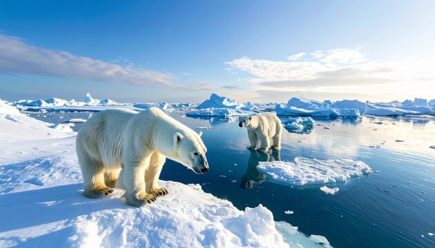 Polar Bears in Arctic Landscape: Two majestic polar bears navigate the icy expanse of the Arctic, their presence a stark reminder of the fragile beauty of a changing climate. 