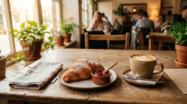 Cozy cafe breakfast with coffee and croissants, soft morning light, people dining