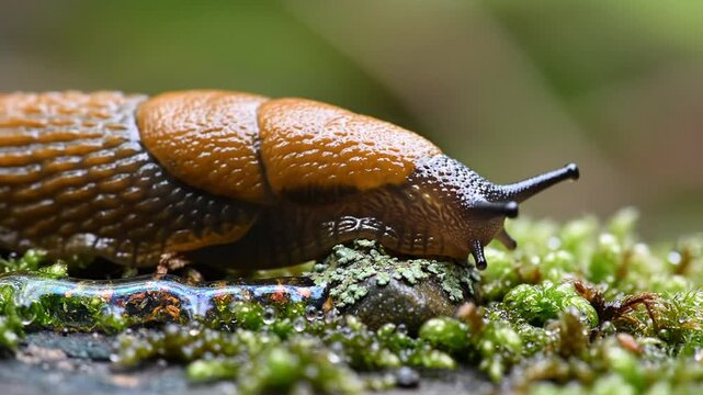 Closeup macro of a brown slug crawling across wet moss on a log, shallow depth of field and soft green background, calm natural mood for wildlife and ecology themes