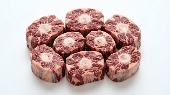 Raw oxtails, beef tail cuts, isolated on white background, food industry