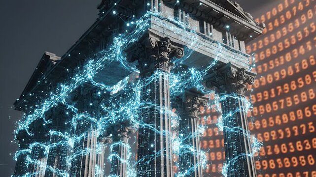 Ancient structure with electric blue energy flowing around its columns against a backdrop of scrolling numbers