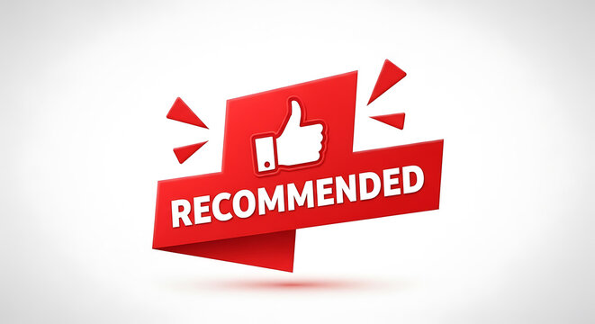 Red recommended thumb up icon on white background