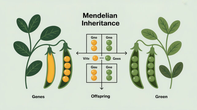 Mendelian inheritance diagram showing genetic traits in pea plants with gene flowchart