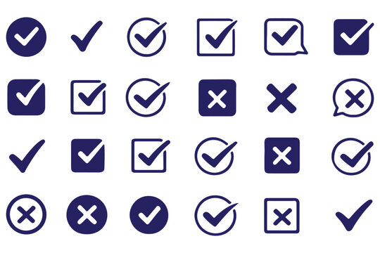 Check tick mark icon set. Cross box x check mark checkbox v list vector draw hand drawn sketch doodle brush marker checklist symbol wrong right circle. Vector Illustration