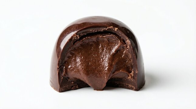 Bitten chocolate truffle with rich ganache filling on white background