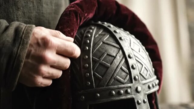 Medieval knight helmet on velvet cushion.