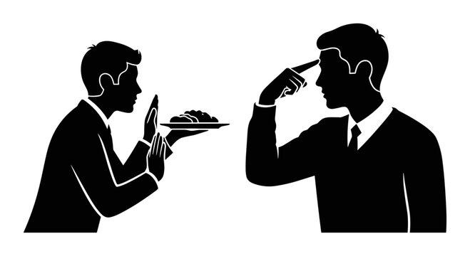 Businessmen, office workers, silhouettes, refusing food, declining snack, professional gesture, black vector icons
