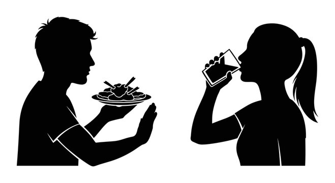 Silhouette icons of people eating and drinking, food and beverage consumption, black vector graphics, restaurant and cafe concepts, meal and snack time illustrations