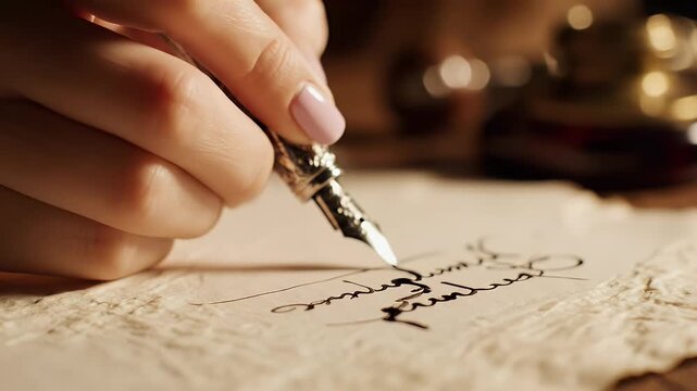 Elegant hand holding ornate quill pen, writing on textured parchment