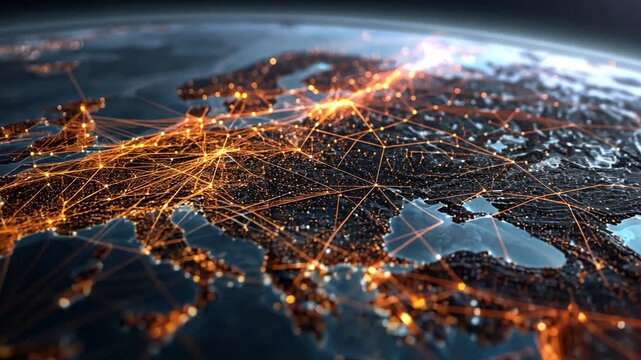 Detailed Network Connections Over Europe with Bright Nodes and Lines