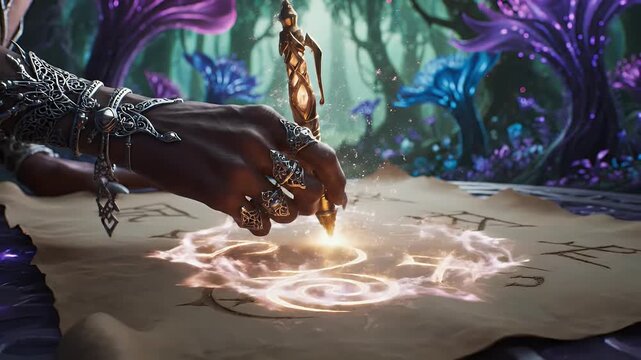Hand wearing ornate rings inscribes glowing magical symbols on parchment in a mystical forest