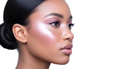 Fototapeta premium Elegant Portrait of a Beautiful Black Woman with Makeup, Side Profile
