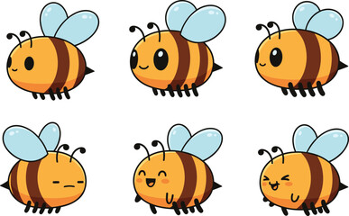 Fototapeta premium Cute cartoon bees with different facial expressions, playful yellow insects with blue wings, perfect for children’s designs, stickers, educational materials, and fun decorative artwork