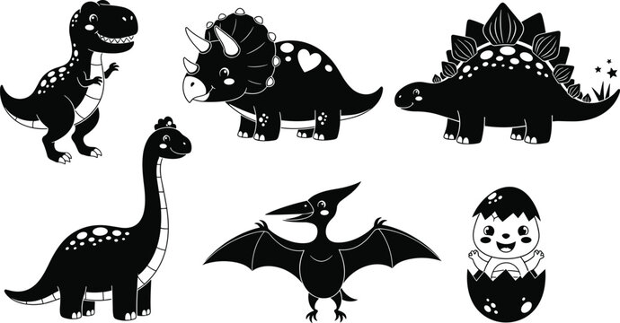 Cute dinosaur silhouette black vector illustration set including tyrannosaurus rex triceratops stegosaurus brachiosaurus pterodactyl and baby dinosaur in egg cad drawing flat design isolated on white 