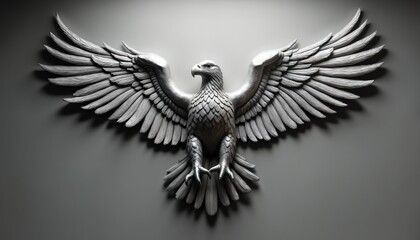 Obraz premium Silver eagle sculpture with spread wings mounted on wall. Detailed bird of prey artwork displays majesty and power, ideal for home decor or patriotic themes. Symbol of freedom and strength.
