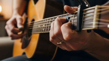 Obraz premium Close up of a person playing an acoustic guitar with a capo on the fretboard.