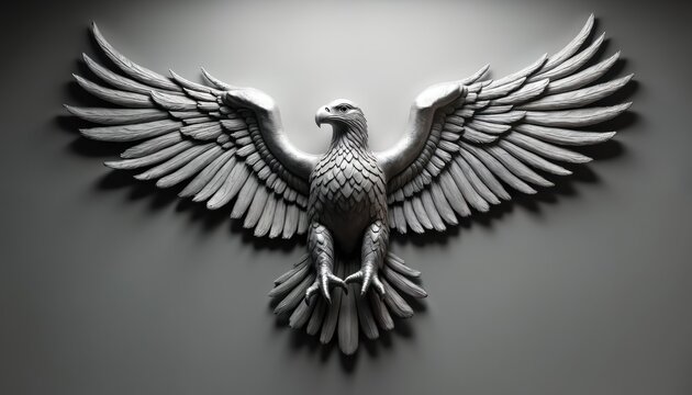 Silver eagle sculpture with spread wings mounted on wall. Detailed bird of prey artwork displays majesty and power, ideal for home decor or patriotic themes. Symbol of freedom and strength.
