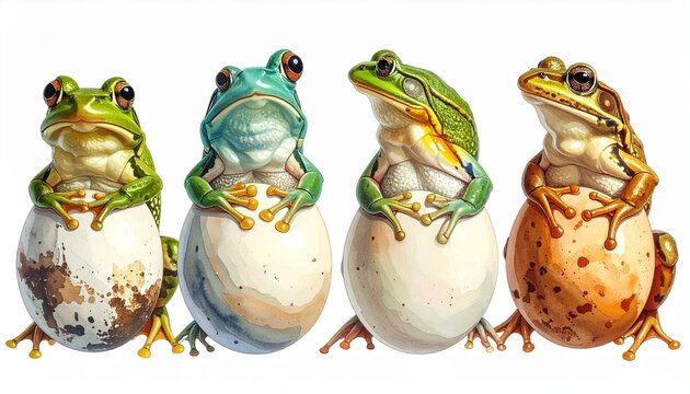 Frog Hatchlings Emergence: Witness the marvel of nature as four vibrant frog hatchlings emerge from their eggs, showcasing a spectrum of colors and life's delicate balance.