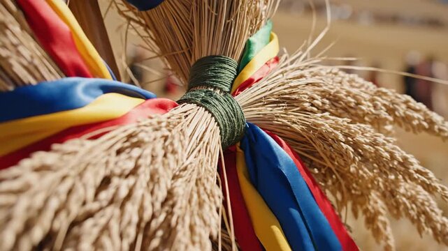 Wheat sheaf decorated with colorful ribbons, harvest symbol, rural tradition, celebration, closeup outdoor shot