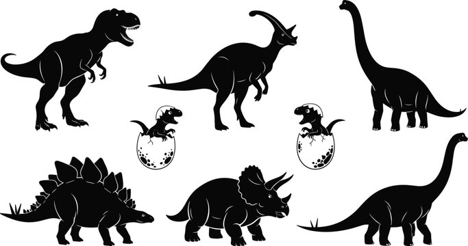 Dinosaur black silhouette collection featuring Tyrannosaurus Rex Triceratops Stegosaurus Brachiosaurus Parasaurolophus and hatching baby dinosaurs in eggs isolated on white background cad 