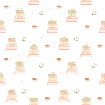 Cute Book Stack Seamless Pattern with Coffee Cups and Flowers on Pastel Background for Textile and Wallpaper