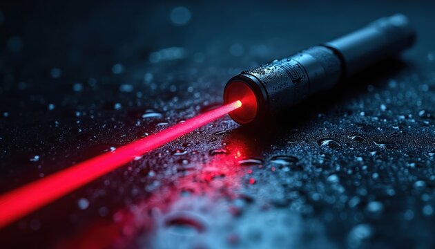 Red laser pointer beam emits light on wet dark surface. High tech equipment for presentations or science. Modern optical tool for precision.