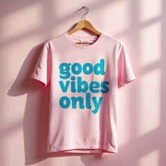 Obraz premium Pink t-shirt with good vibes only text graphic hangs on wooden hanger. Casual apparel styled with modern design on clean background. Positive message on stylish garment.