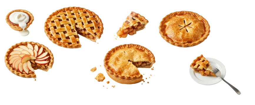 Several pies are arranged on a png transparent. A whole apple pie, a pie with a slice removed, a pie with a piece missing, a pie with a fork and knife, and a small pie are shown.