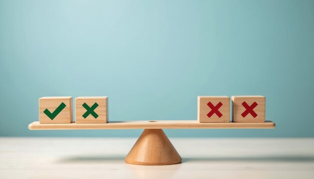 Wooden blocks on balance scale show one check mark against two cross marks. Concept for comparison choice pros and cons analysis. Decision making process on a scale.