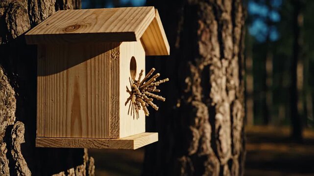 Wooden birdhouse attached to a pine tree trunk in a forest, bathed in warm sunlight, representing nature and wildlife habitat