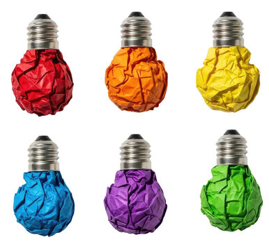 Six incandescent light bulbs are wrapped in colorful paper. The bulbs are arranged in a 2x3 grid.