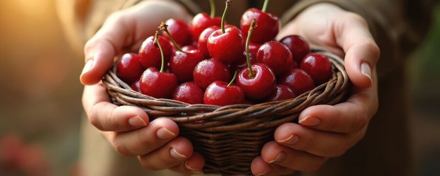 Hands hold woven basket full of ripe red cherries. Person offers fresh fruit from nature. Healthy eating, sharing, abundance, summer harvest gathered.