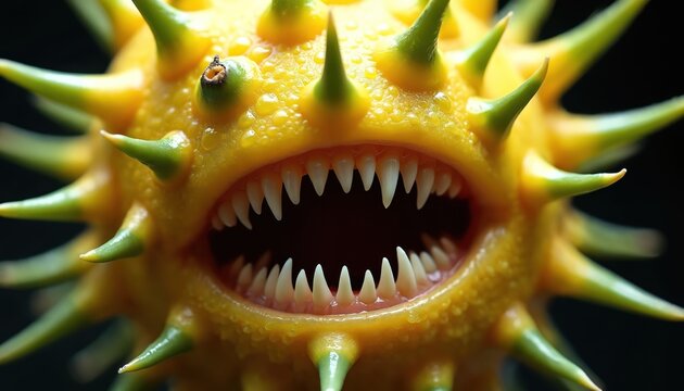 Spiky yellow creature with sharp teeth opens its mouth against black background. Unusual alien being has textured bumpy skin with green tips on its spikes. Its appearance is intimidating yet abstract.
