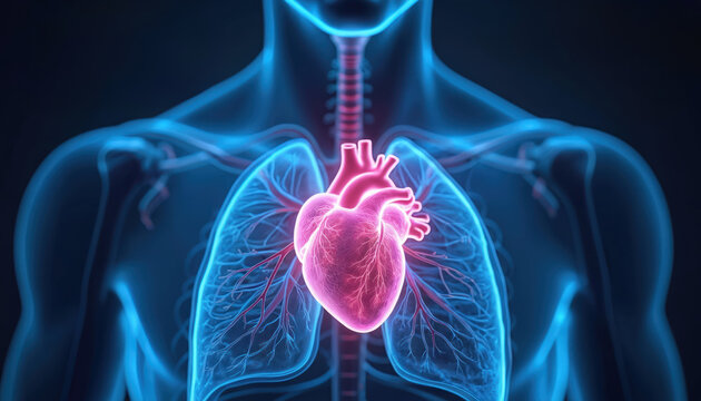 Glowing heart and lungs anatomical illustration in vibrant blue and pink. Human internal organs system depicted with detailed blood vessels and trachea structure.