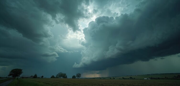 Dark storm clouds loom over a rural field and farm buildings. Heavy rain falls on distant hills. Sky looks ominous and turbulent, signaling severe weather.