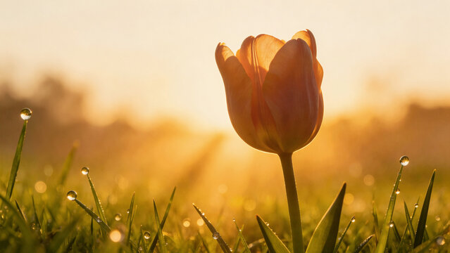 Tulip silhouette backlit by sunrise with golden halo. Spring grass with dew drops in shallow depth. Low angle view with Tyndall light rays. Healing warm tones. 8K nature background for wallpaper.