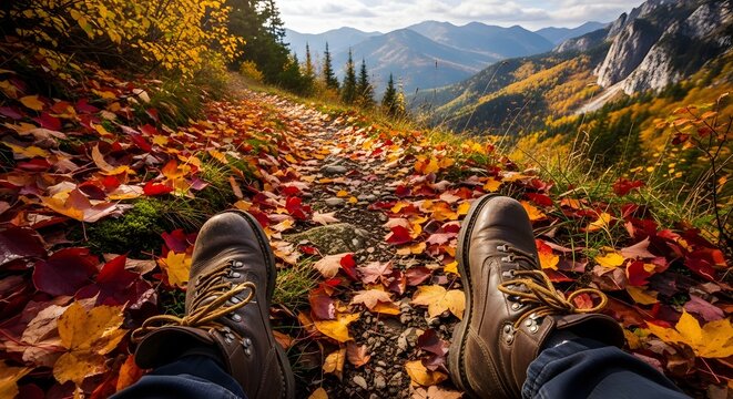 POV perspective of hiking boots on a vibrant autumn trail through a majestic mountain valley bathed in golden sunlight, evoking adventure and nature's beauty.