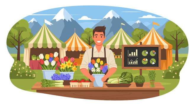 Smiling male florist arranging fresh flowers at outdoor market stall.