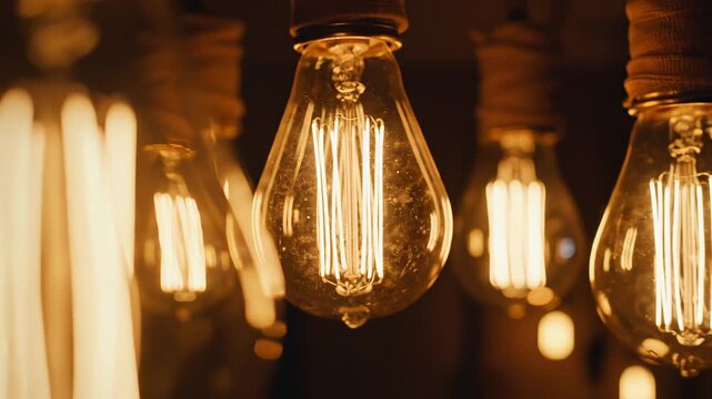 Vintage light bulbs glowing in darkness