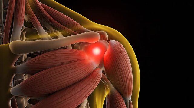 Close-up illustration of the human shoulder joint with inflamed rotator cuff muscles highlighted in red, against a dark background, conveying pain and injury