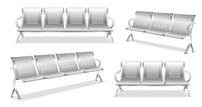 Set of public waiting area bench seats in chrome metal colors, isolated on white background. Modern connected plastic chairs with metal frame commonly found in airports, hospitals, stations, terminals