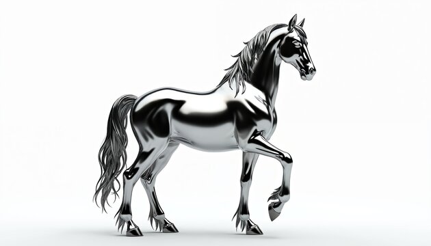 Silver horse sculpture stands on white background. Realistic 3D render, elegant equine animal form. Perfect for luxury or metallic themes, symbolizing power, prestige, beauty.