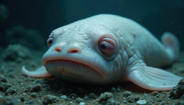Pinkish blob fish with large eyes sits on ocean floor. Deep sea creature rests on sandy seabed. Underwater life, marine animal in its habitat.