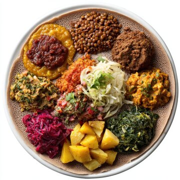 Beyaynetu Ethiopia food plate isolated on a white background