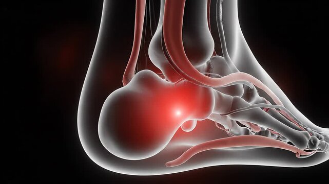 Close-up anatomical illustration of a human foot's heel bone and Achilles tendon highlighted with a painful red glow against a dark background, conveying discomfort and injury