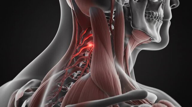 Detailed anatomical illustration of the human neck muscles and nerves, highlighting a painful inflamed area with a red glow against a dark background, conveying discomfort and medical
