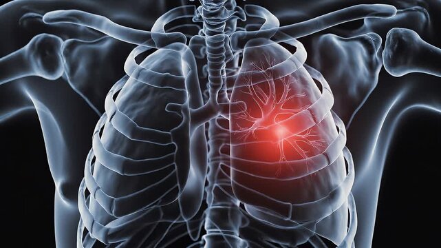 Anatomical illustration of the human rib cage and lungs with a glowing red spot indicating a potential health issue against a dark background, conveying a medical concern