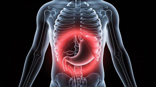 Anatomical illustration of the human torso with highlighted abdominal organs and glowing red pain sensation in the stomach region against a dark background, conveying discomfort